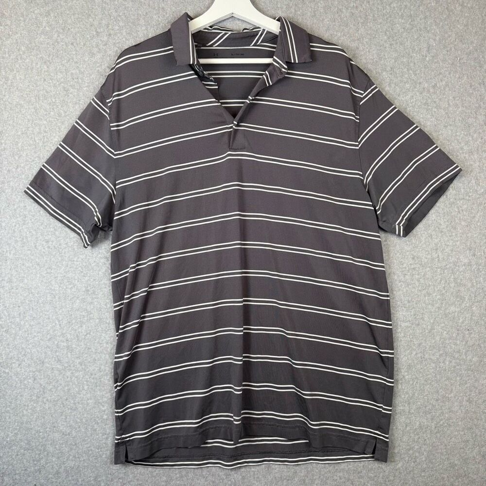 Under Armour Men XL Loose Fit Pullover Polo Shirt Gray White Stripe Short Sleeve